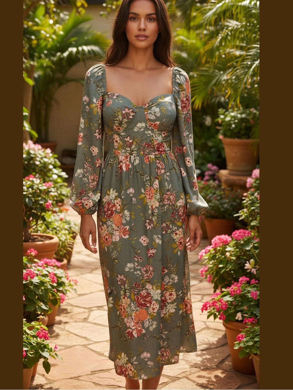 B.O.G. Collective Sage Green Floral Sweetheart Long Sleeve Midi Dress Size Small